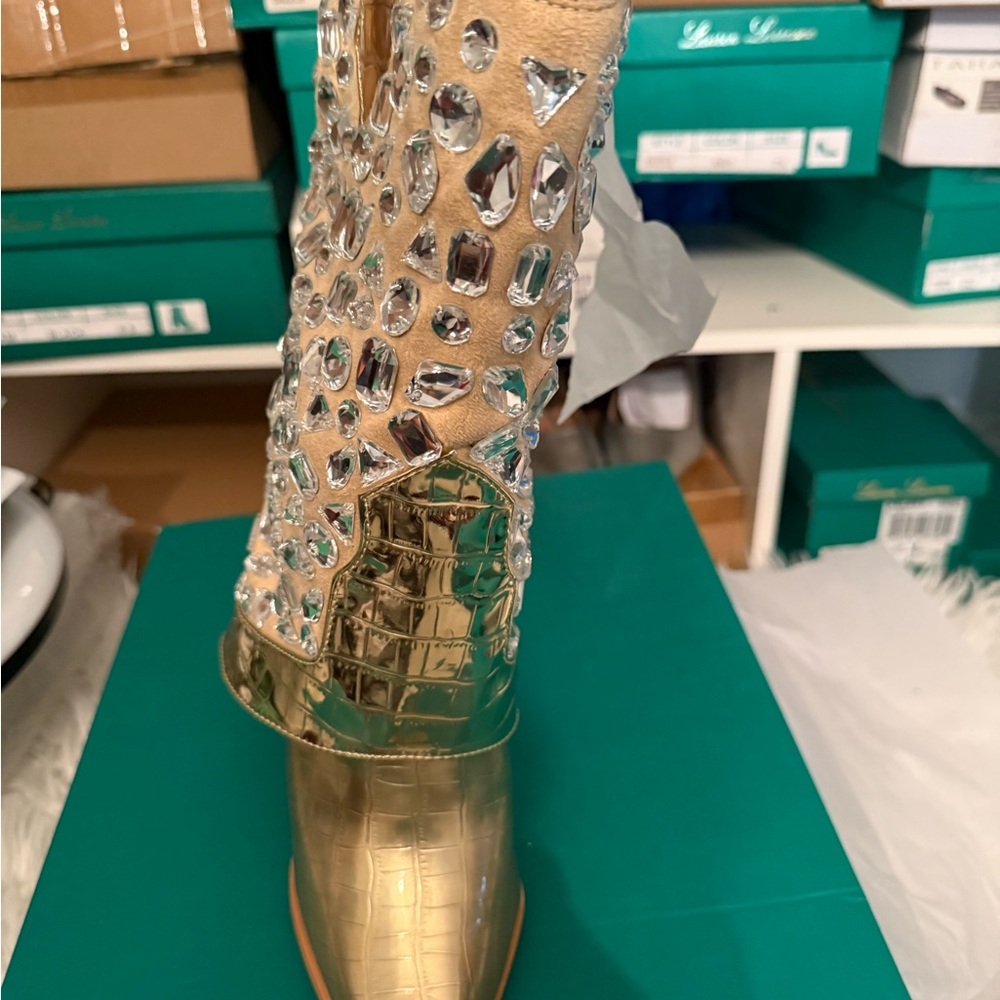 Elegant Gold Embellished Heeled Boots